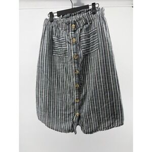 Blue Rain Green/Blue Striped Casual Skirt Paper Bag Waist, Button Front Sz L